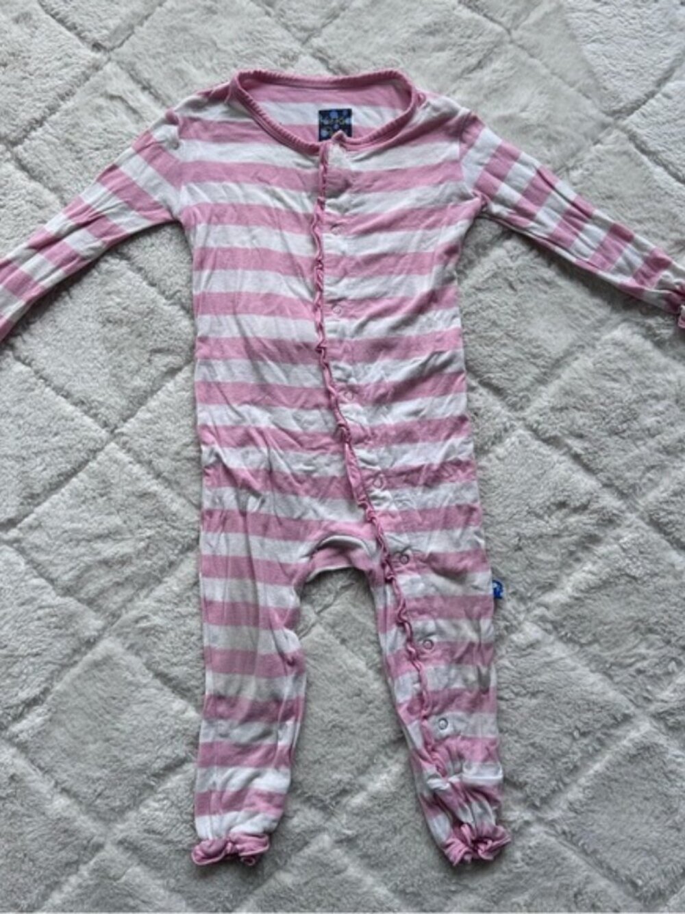 Kickee Pants | "Lotus Stripe" Classic Ruffle Coverall with Snaps | Size 12-18M - Picture 3 of 10
